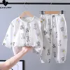 Kids Boys Girls Pajamas Summer Cotton Linen Thin Cartoon Three-quarter Sleeve Tops with Pants Baby Sleeping Clothing Sets 240314