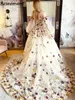 다채로운 꽃 무늬 아플리케 레이스 스파게티 스트랩 A- 라인 웨딩 드레스 연인 분리 가능한 슬리브 소매 신부 가운 Robe de Mariee
