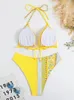 Mulheres Swimwear 2024 Mulheres Grande Tamanho Maiô Amarelo Floral Impressão Patchwork Cintura Alta Bikini Set Sexy Banheira Terno Tankini Conjuntos