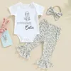 Set di abbigliamento Set di pantaloni per bambina Set di maniche corte con stampa di lettere, pagliaccetto con fascia svasata e fiocco