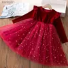 Mädchenkleider 2023, rotes Weihnachtskleid für Babys, Winter-Langarm-Mesh-Kleider für 3–8 Jahre, Kinder-Stern-Pailletten-Geburtstagsfeier, Prinzessinnenkleid yq240327