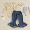 Set di abbigliamento bambine outfit da 3 pezzi Outfit in pizzo patchwork figora e elastico pantaloni svasati pantaloni scrupoli set di vestiti autunnali