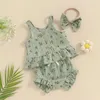 Ensembles de vêtements bébé fille été ensemble col rond imprimé floral débardeurs taille élastique volant garniture shorts bandeau enfant en bas âge 3 pièces tenues