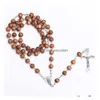 Pendentif Colliers Nouvelles perles en bois longues chaînes collier de chapelet catholique pour femmes et hommes chrétien Jésus Vierge Marie Croix Crucifix F Dhtjv