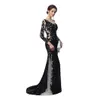 Unique Design Sheer Illusion Mermaid Evening Dresses 2019 Nude Black Sequines Applique One Long Sleeves Celebrity Prom Gowns9306955