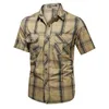 Män lapel skjorta pläd tryck sommar kortärmad mode militär toppar casual streetwear manliga arbetsskjortor armé green s-5xl 240315