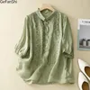 Damesblouses Lente Zomer Vintage Borduren Korte Katoenen Linnen Blouse Shirt Knop Elegant Kantoor Dames Dames Casual Losse Tops Blusas