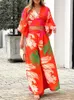 Floral Print Vneck Lace Up Suit High Waist Wide Leg Pants And Lantern Sleeve Top Set Womens Clothing 240327