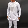 Conjunto de duas peças masculino polerones vestido africano único breasted terno bordado camisa branca calças conjunto de casamento 240313