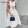 Casual Dresses Women Slim Double-breasted Belt Long Dress Elegant Sleeveless Office Lady Blazer Sexy Fashion Striped Lapel A-Line