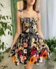 Grundlegende Freizeitkleider 3D-Blumen-TLE-Quadrat-Ausschnitt-Mini-Sling-Kleid Weibliches rückenfreies A-Linie-Kleid Kurzes Vestidos Frauen-schickes Abend-Cocktail-Otdfe