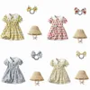 Girls Dresses Summer Kids Fragmented Flower Dress Girl Baby Flip Collar Bubble Skirts Short Sleeve Sun Shade Hat Princess Dress Free Headrope size 70- V9zc#