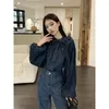 Jaquetas femininas mulheres com capuz tops primavera outono 2024 moda vintage arco denim camisa casaco estilo simples jaqueta meninas