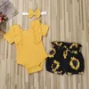 Conjuntos de roupas Bebê Menina Roupas de Verão de Manga Curta Malha Ruffled Romper Tops com Shorts de Impressão Floral Infantil 3 Pcs Outfits