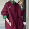 Women's Hoodies Spring Autumn Thin Pure Cotton Temperament Burgundy Pullover Sweatshirt Women Loose Oversize Long-sleeved Top Aesthetic