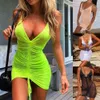 Vestido neon verde feminino sexy malha transparente mini bodycon verão 686718