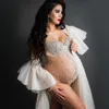 Sexig gudinna Bodysuit Maternity Pography Prop Dress V Neck Rhinestones Pearls Stretch Jumpsuits Kvinnor Gravid PO Shooting 240315