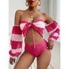 Verão ouro luxo bandeau praia vestidos impresso roupa de banho para senhoras plus size manga longa maiô feminino boho biquinis