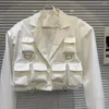 Damenjacken 2024 Frühling Kurze weiße Jacke für Frauen Multi-Tasche dekorative Kordelzug Arbeitskleidung Anzug Kragen Mantel