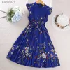 Girl's Dresses Girl Dress Summer Vintage Blue Sleeveless Retro Printed Pleated Dress Elegant Designad Classic Casual Pastoral Style YQ240327