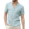 Verão Moda Algodão Linho Casual Camisetas Casual Masculino Manga Curta V-Collar Respirável Mens Tee Button-up T S-5XL 240325