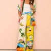 STYLISH LADY Tropical Printed Holiday 2 Piece Set Women Half Sleeve Shirt and Wide Leg Pant Suits 2024 Summer Casual Beach Outfits