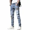 Hösten ny ankomst Men jeans: Elastisk broderad lapptäcke Hip Hop -denim Pants Korean Style Slim Fit Cott Byxor för män R6FV#
