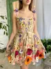 Grundlegende Freizeitkleider 3D-Blumen-TLE-Quadrat-Ausschnitt-Mini-Sling-Kleid Weibliches rückenfreies A-Linie-Kleid Kurzes Vestidos Frauen-schickes Abend-Cocktail-Otdfe