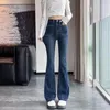 Женские джинсы-клеш на флисовой подкладке, зимние термостойкие джинсовые брюки, узкие эластичные теплые брюки с высокой талией, элегантный расклешенный низ