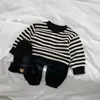 Clothing Sets 2024 Spring Autumn Kids Baby Girls Boys 2Pcs Clothes Set Striped Waffle Top Sweatshirt Solid Color Pants Black Brown Stripe