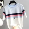 Shintimes Blusas Mujer de Moda 2024 New Vintage Womens Top Striped Summer Shirt Pink Elastic Short Sleave Blue Womens Shird 240327