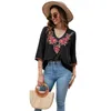 Damenblusen AYUALIN Vintage Blumenstickerei Boho Strand Lose Sommer Lady Blusas Lässige schwarze Baumwolle Rayon Bluse Shirts Frauen Tops