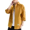 Men's Casual Shirts Men Shirt Japanese Style Cargo Coat With Turn-down Collar Three Quarter Sleeves Pockets Soft Breathable Solid