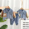 Herbst-Kinderset für 06-jährige Jungen, modisches farbiges Denim-Langarm-Zweiteiler, hübscher Säugling 240313