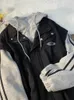 gmiixder American Hooded Varsity Jacke Männer Frühling Herbst Reißverschluss Grau Patchwork Basball Uniform Mantel Hg KG Stil Vintage Top 00qn #