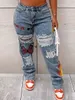 LW Plus Size Farfalla Stampa Lettera Jeans strappati Donna Large Size Denim Moda Pantaloni dritti Pantaloni streetwear2 Colori 240315