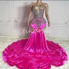 Pink Pink Black Girls Prom Kleider mit Rhinstone Perlen atemberaubend O Hals Meerjungfrau Abendkleider Sweep Train Cut Side Luxus formelles Partykleid 2024 Besonderer Anlass