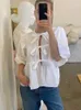 Summer Lace Up Bow Tied Women Shirt Casual Oneck Puff Sleeve Ruffles White Blouse Female Black Tops Sweet Lady 240326