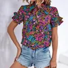 Women's Blouses Soft Stretchy Blouse Ethnic Style Floral Print Summer Shirt With Stand Collar Ruffle Tie Detail Loose Fit Short For A