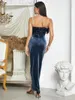 Casual Dresses Winter Pearl Sling Dress for Women Elegant Blue Sleeveless Long Slit Vestidos Fashion Celebrity Party klänning Chic Wear