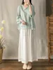 Etnische kleding 2024 Chinese vrouwen Tweedelige Retro Dagelijkse set Verbeterde Hanfu Zen V-hals blouse Chiffon top Losse wijde pijpen broekpak W286