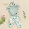 Kläderuppsättningar födda flickor kläder set Summer Short Sleeve Letter Print Romper Flower Pants pannband 3st -outfit spädbarn