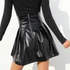 スカートハイウエストレースアップPUプリーツスカートファッション調整可能な女性2024ブラックソリッドカラーゴスセクシーバックジッパーレザーミニ