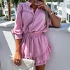 Work Dresses Elegant Commute Outfits Fashion Solid Color Casual 2pc Set Spring Summer Stand-up Collar Wrist Shirts Ruffles Short Skirts Suit