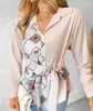 Blouses pour femmes Mode Femme Chemisier 2024 Printemps Géométrique Imprimé Animal Boutonné Détail Noué Col Rabattu Décontracté Manches Longues Chemise Quotidienne