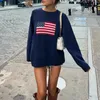 Pulls pour femmes Harajuku Vintage Lâche Drapeau américain Casual Manches longues Col rond Fit Pull en tricot Top Knitwear Streetwear Y2K