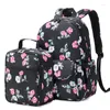 Sacos escolares Flor vintage para meninas adolescentes almoço conjunto preto rosa floral mochila estudante livro de grande capacidade