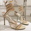 Rene Caovilla Chandelier Crystal Heels Sandal 95mm نساء مصممة عالية 100 ٪ من الجلد الحقيقي الحجم الفاخر 34-43 أحذية مسائية الكاحل Wraparound Women Rhinestone