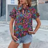 Women's Blouses Soft Stretchy Blouse Ethnic Style Floral Print Summer Shirt With Stand Collar Ruffle Tie Detail Loose Fit Short For A