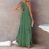 Mode été robe longue ample femmes décontracté élégant à volants licou sans manches femme tenues de fête plage Maxi vert 240318